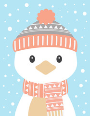 cartoon winter card of duck on snow background