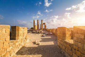 Ruins of Acropolis of Lindos view, Rhodes, Dodecanese Islands, Greek Islands, Greece. Acropolis of Lindos, ancient architecture of Rhodes, Greece.
