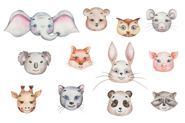Watercolor animals. Hand painted illustrations of elephant, bear, owl, mice, koala, panda, fox, rabbit, hare, pig, giraffe, panther, raccoon. Cartoon characters. Isolated clip art for posters, prints