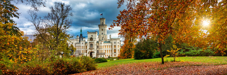 Hluboka Castle, historic chateau in Hluboka nad Vltavou in South Bohemia, Czech Republic. Famous Czech castle Hluboka nad Vltavou, medieval building with beautiful park. Prague, Czechia.