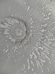 Funnel on the pavement from the explosion of a shell. Traces of the war on the asphalt road. A...