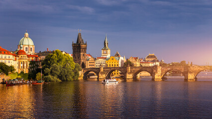 Charles Bridge sunset view of the Old Town pier architecture, Charles Bridge over Vltava river in Prague, Czechia. Old Town of Prague with Charles Bridge, Prague, Czech Republic.