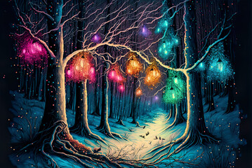 Fairy lights in a snowy forest, snowy forest during the night, fairy lights, Christmas time, winter, greetings, xmas, invitation, card, illustration, digital