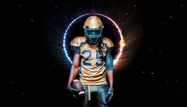 American Football player with neon lights. Game winner. Sports betting. Bets in the mobile application. - Powered by Adobe