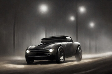 Fototapeta na wymiar A black car is driving on the road, a gloomy background.
