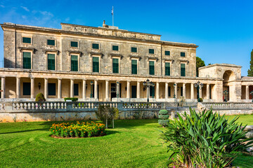Museum of Asian Art. Colorful morning cityscape of Corfu Town, capital of the Greek island of...