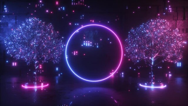 This Stock Motion Graphics Video shows a Futuristic Digital glowing Wall and Trees with Neon Frame Sci-Fi Background in seamless loop.