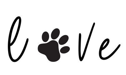 Lettering love and animal paw print. Vector illustration isolated on white background