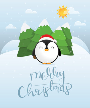 Merry Christmas greeting card with cute penguin Christmas morning. Vector illustration.