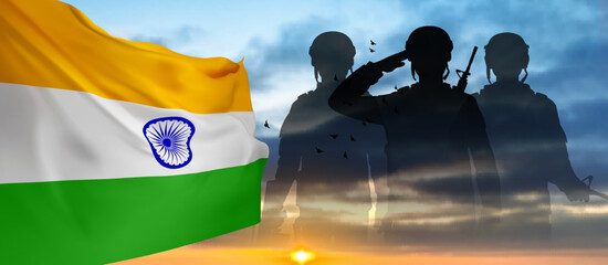 Silhouette of soldiers with India flag on a background the sky