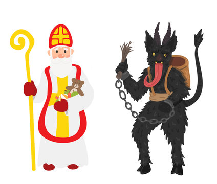 Saint Nicholas and Krampus. Illustration isolated on a white background.