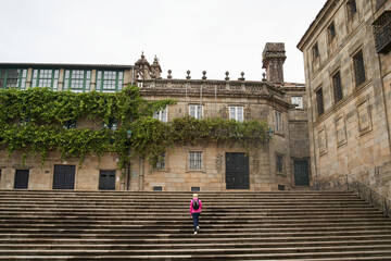 Woman with small backpack and pink jacket walks up the stairs to the city landmarks. Urban walk...