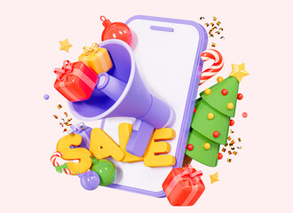 3D Merry Christmas shopping promotion with holiday sale. Mobile phone with megaphone and celebration decoration. Christmas tree, gift boxes and ornament balls. Cartoon creative design. 3D Rendering