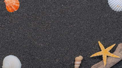 Coquillages sur fond de sable noir avec espace libre pour écrire un message.	
