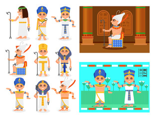Egyptian Pharaoh Wearing Antique Clothing with Ankh and Scepter Big Vector Set
