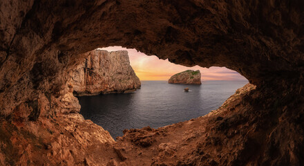 Cave on Rocky Coast with Cliffs on the Mediterranean Sea. Sunset Sky Art Render. Regional Natural Park of Porto Conte, Sardinia, Italy. Nature Background.