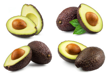 Avocado isolated. Collection of ripe avocados and avocado halves on a white background. Avocado set.