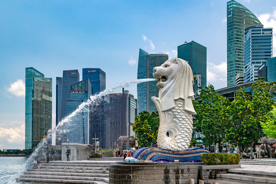 Southeast Asia, Singapore, November, 2022: Merlion statue at merlion park in Marina bay of Singapore. Merlion is the national symbol of Singapore depicted as a mythical creature with a lion head 