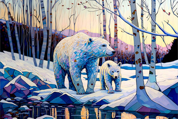 Polar bear and cub walking through a winterly snowed forest, fictional illustration, cute polar bears, illustration, winter, snow, season greetings, Christmas, digital