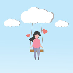 Swing vector of joyful lovely girl feel happy and fun sit up on swing cloud on the sky in mood happy paper art love style couple concept for valentine day or online shopping love happy concept.