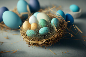 Obraz premium Decorations for Easter. Easter eggs, feathers in a nest on a blue wooden background. Abstract illustration for design, background, template, banner