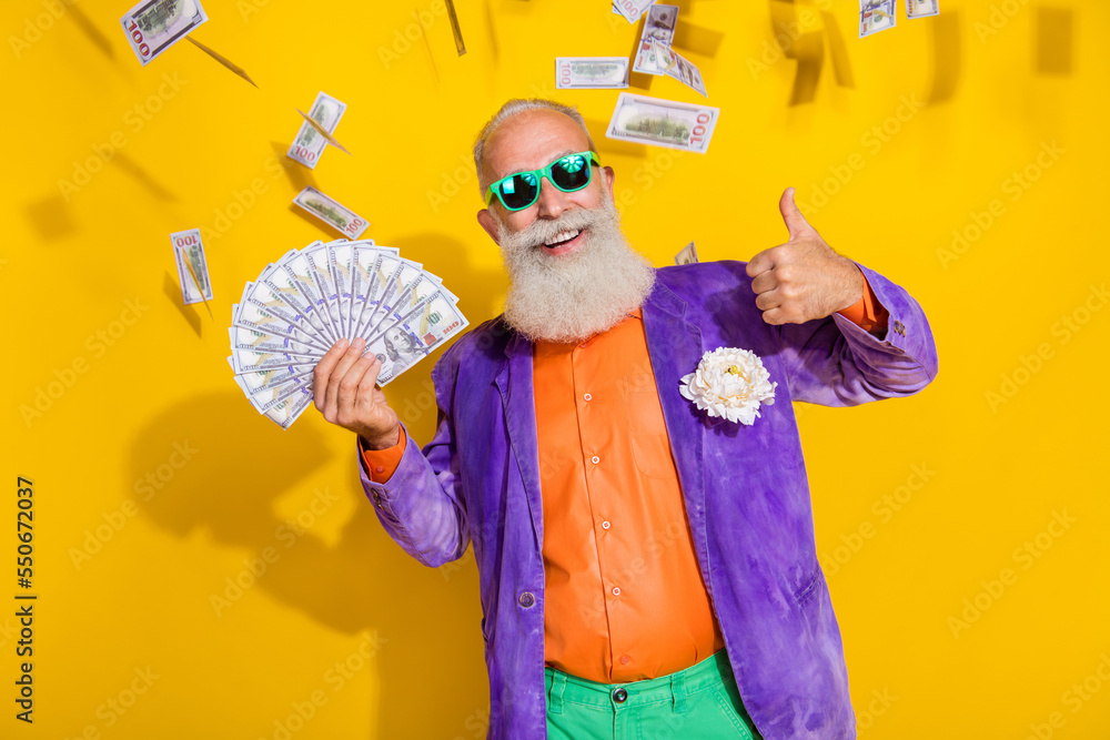 Canvas Prints Photo of funny funky elegant pensioner wear vintage velvet costume thumb up hold cash banknotes isolated on yellow color background