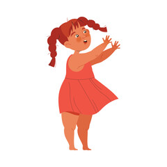 Cute Little Girl Toddler in Red Dress with Braids Standing and Reaching Out Hands Vector Illustration