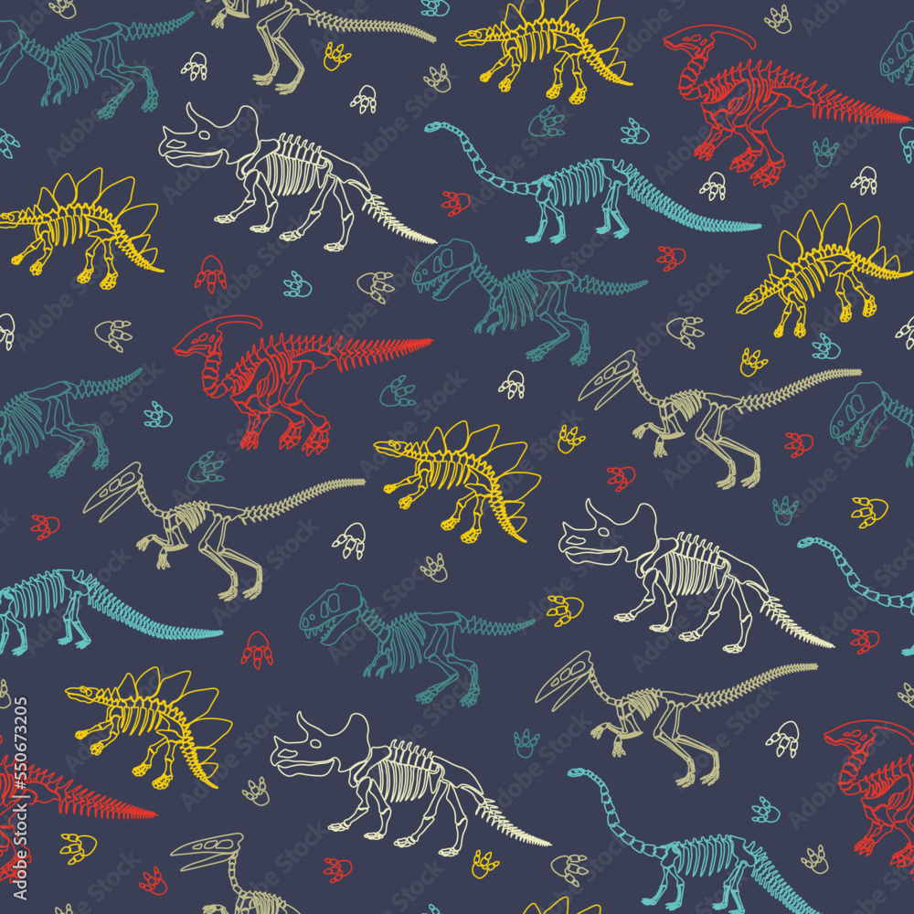 Wall mural Seamless vector pattern with dinosaur skeleton. 