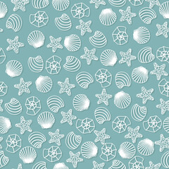 Vector seamless pattern with shells.Underwater cartoon creatures.Marine background.Cute ocean pattern for fabric, childrens clothing,textiles,wrapping paper