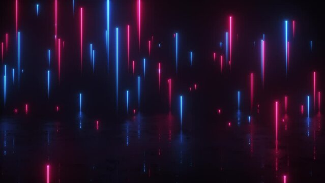 Rising up neon glowing strings above on reflected floor background on a seamless loop