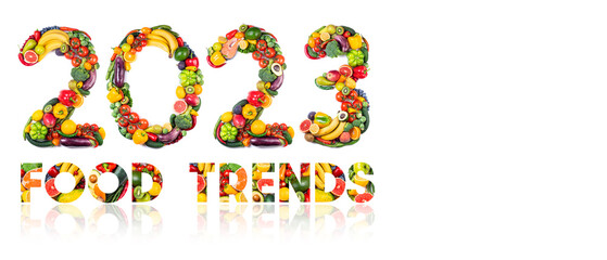 New year 2023 made of fruits and vegetables, fish. Healthy food. New year 2023 food trends. 2023 eating, diet, organic concept. Long format, copy space