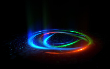 Glow swirl light effect. Circular lens flare. Abstract rotational lines. Power energy element. Luminous sci-fi. Shining neon lights. Magic arena. Swirl trail effect. Glint scene. Dynamic ellipse.