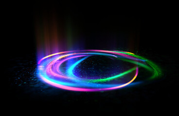 Glow swirl light effect. Circular lens flare. Abstract rotational lines. Power energy element. Luminous sci-fi. Shining neon lights. Magic arena. Swirl trail effect. Glint scene. Dynamic ellipse.