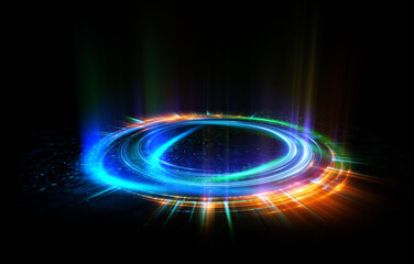 Glow swirl light effect. Circular lens flare. Abstract rotational lines. Power energy element. Luminous sci-fi. Shining neon lights. Magic arena. Swirl trail effect. Glint scene. Dynamic ellipse.