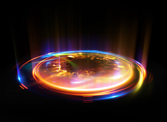 Glow swirl light effect. Circular lens flare. Abstract rotational lines. Power energy element. Luminous sci-fi. Shining neon lights. Magic arena. Swirl trail effect. Glint scene. Dynamic ellipse.