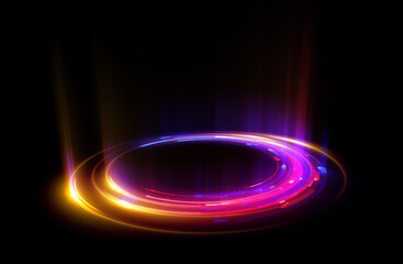 Glow swirl light effect. Circular lens flare. Abstract rotational lines. Power energy element. Luminous sci-fi. Shining neon lights. Magic arena. Swirl trail effect. Glint scene. Dynamic ellipse.