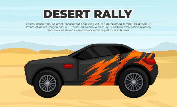 Desert Rally Banner. Off Road Car On Background Of Desert Landscape Vector