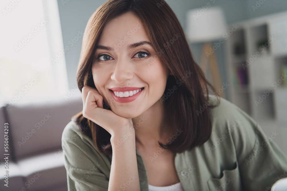 Sticker Cropped close up portrait of positive pretty accountant lady beaming smile arm touch face enjoy working modern office building