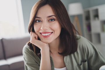 Cropped close up portrait of positive pretty accountant lady beaming smile arm touch face enjoy working modern office building