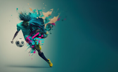 Soccer player with a graphic trail and color splash background. - obrazy, fototapety, plakaty