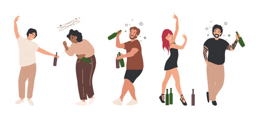 Drunk People Set, Men and Women with Alcohol, wine Bottles in their Hands. . Cartoon flat vector illustration isolated on white background. Walking Tipsy Screwed