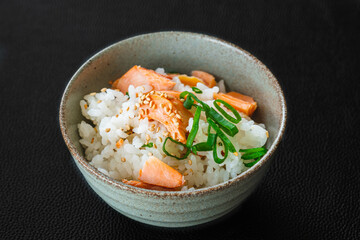 黒い背景の鮭ご飯