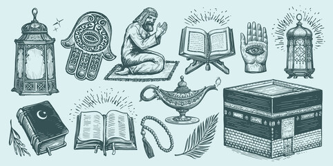 Islam sketch set. Quran, Hajj, praying muslim, lamp, Hand Fatima, rosary. Religion concept vintage vector illustration