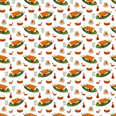 Dango pattern2. Seamless pattern with Japanese sweetness dango and ingredients for its preparation. Doodle cartoon illustration.