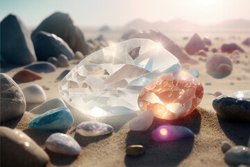 Quartz composition for healing and meditation on a beach, outdoor.
