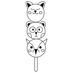 Fototapeta premium Dango single doodle6. Cute japanese sweet in the form of animal faces. Doodle black and white cartoon illustration.