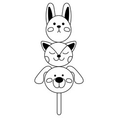Dango single doodle7. Cute japanese sweet in the form of animal faces. Doodle black and white cartoon illustration.