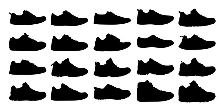 Set with 20 different 
silhouette types of men's outline shoes in vector. Doodle collection. Including gym shoes, shoes, trekking, sneakers and other.