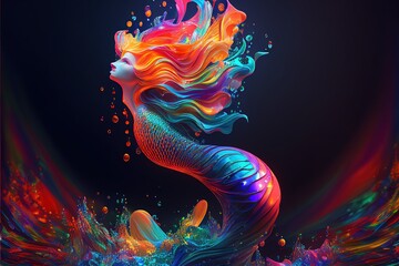 Generative AI illustration of an abstract Mermaid shining in rainbow colors, infinite turbulence, fluorescent red colours comforting and relaxing design.