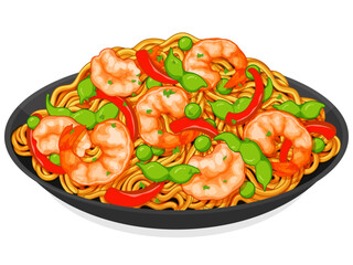 Asian Shrimp stir fry noodles recipe illustration vector.
Chinese stir fry noodles with shrimp or prawn recipe.
Japanese soba noodles with shrimp. Asian food noodle drawing.